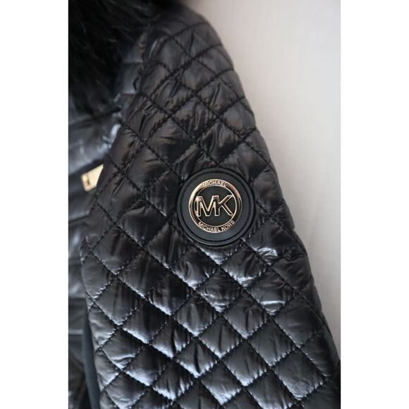 Michael Kors Women Sz M Black Faux-Fur-Trim Mixed Media Hooded Quilted Coat - Picture 11 of 16